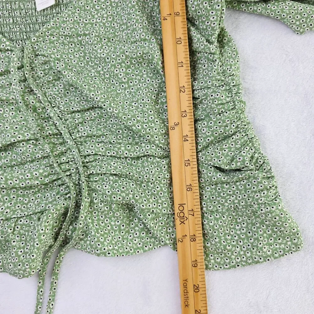 H&M Crop Top Medium Green Floral Ruched Tie Fairy Smocked Cottagecore Boho